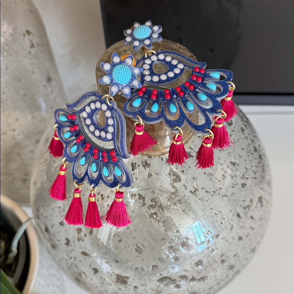 Elegant Blue and Red Tassel Earrings